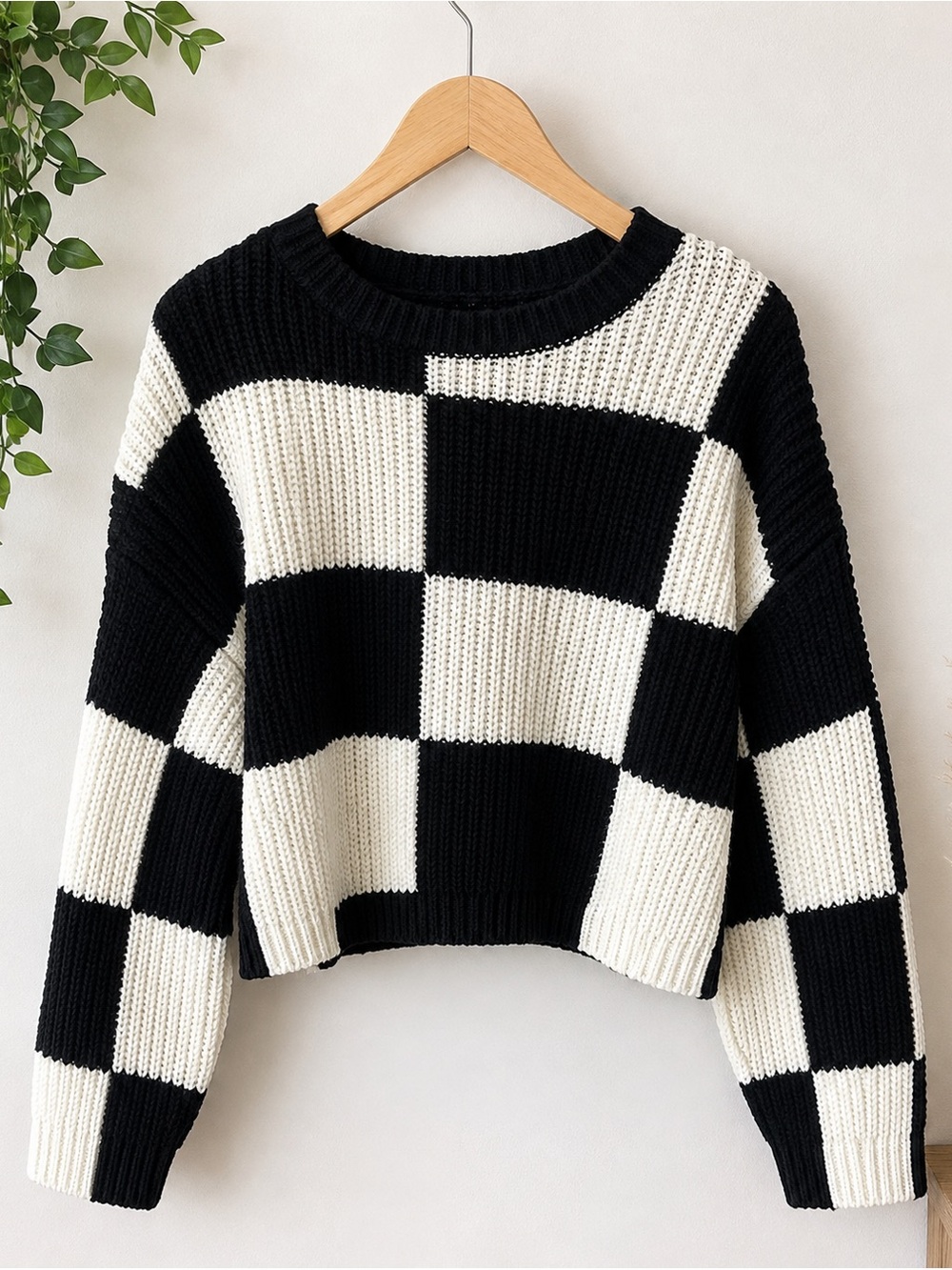 Love Tree Black & White Checkerboard Crewneck Sweater
